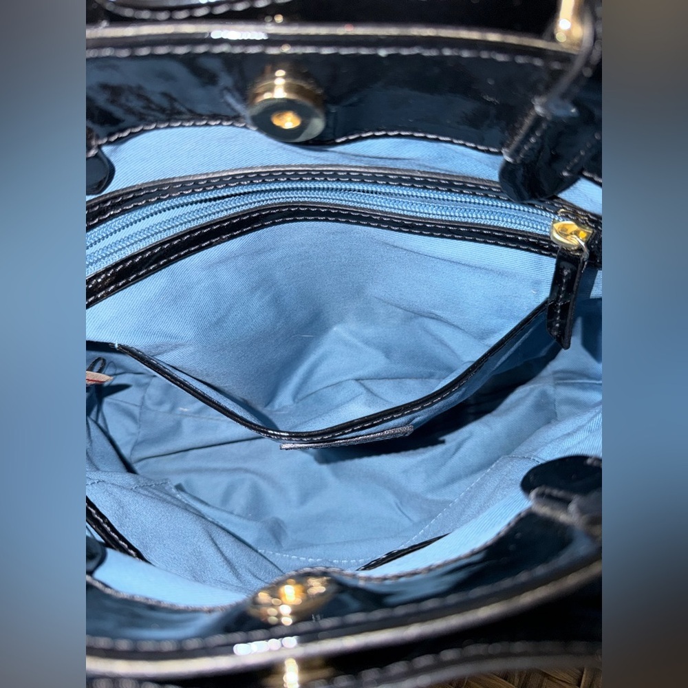 Dooney & Bourke Black Patent Leather Shoulder/Crossbody Satchel with Blue Lining - Picture 6 of 16